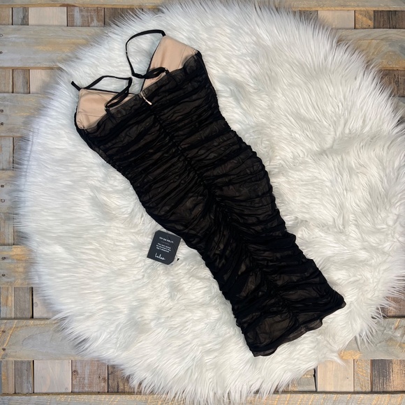On Trend [Lulus] Sexy NWT Ruched Black Mesh Overlay Bodycon Mini Dress | Small - Picture 9 of 14